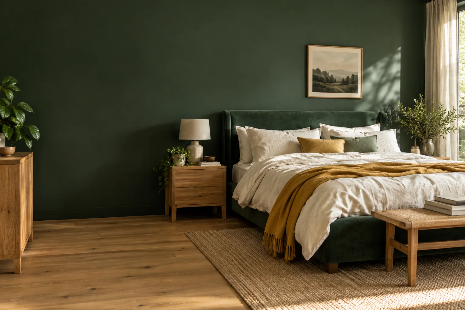 A warmly lit bedroom with ivory bedding, a forest-green bed and golden accents